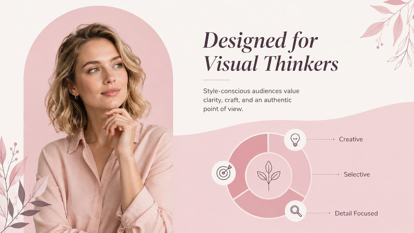 Soft pink brand strategy slide profiling a style-conscious creative audience.
