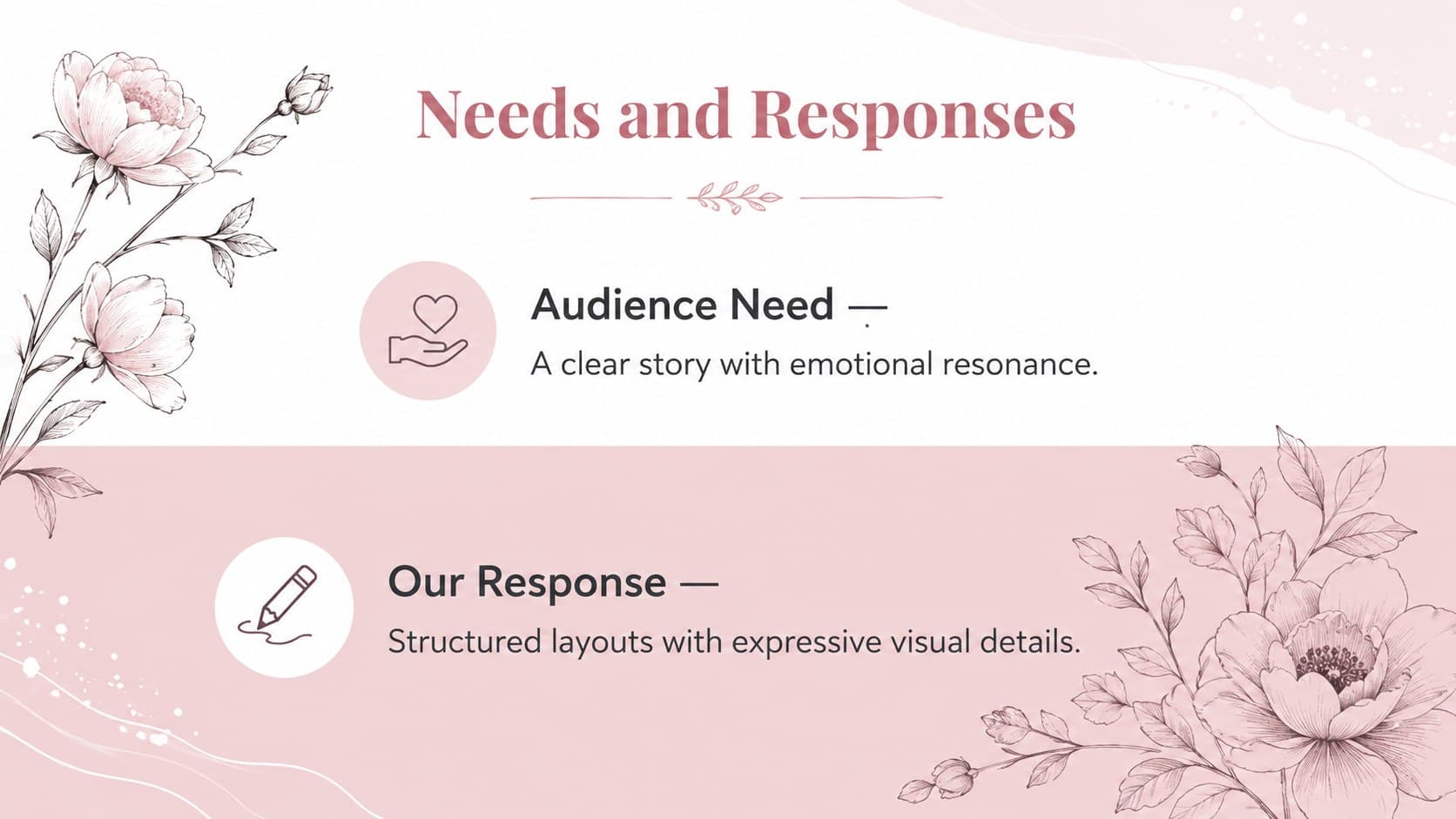 Rose toned marketing deck slide comparing audience needs with presentation responses.