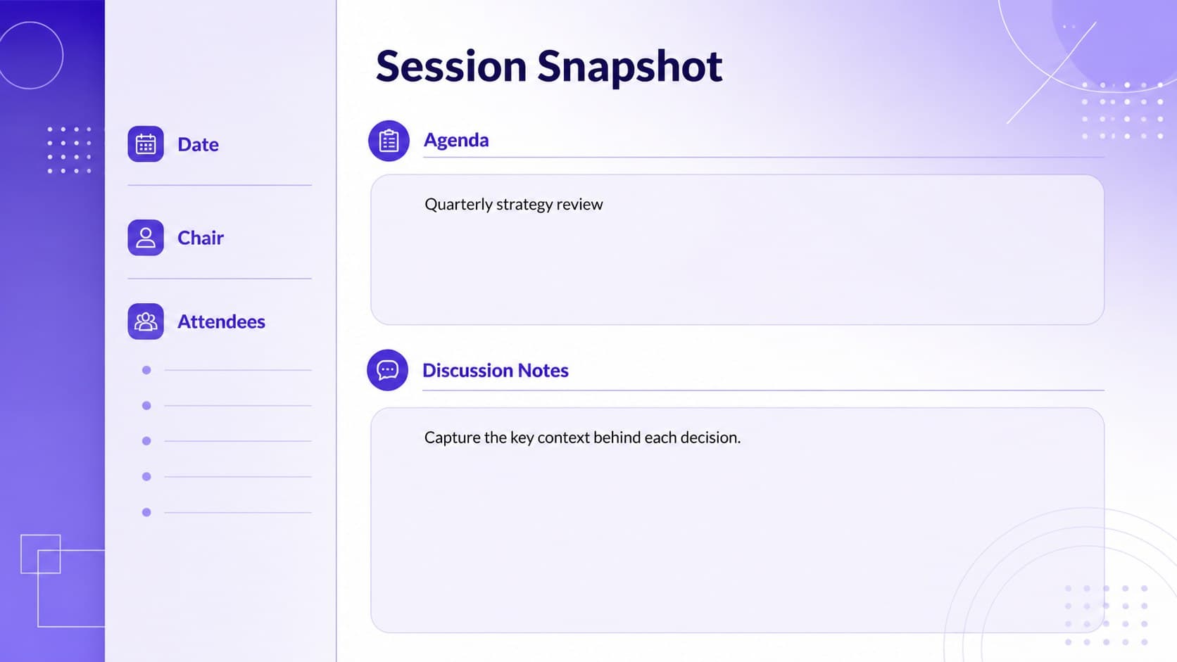 Modern purple board meeting notes page with agenda topics, attendees, and discussion details.