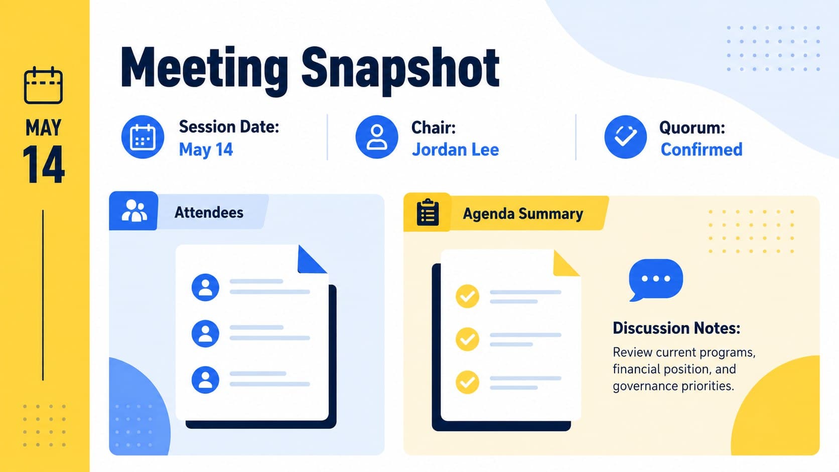 Nonprofit meeting decision log slide with attendance, quorum, agenda, and discussion summary fields.