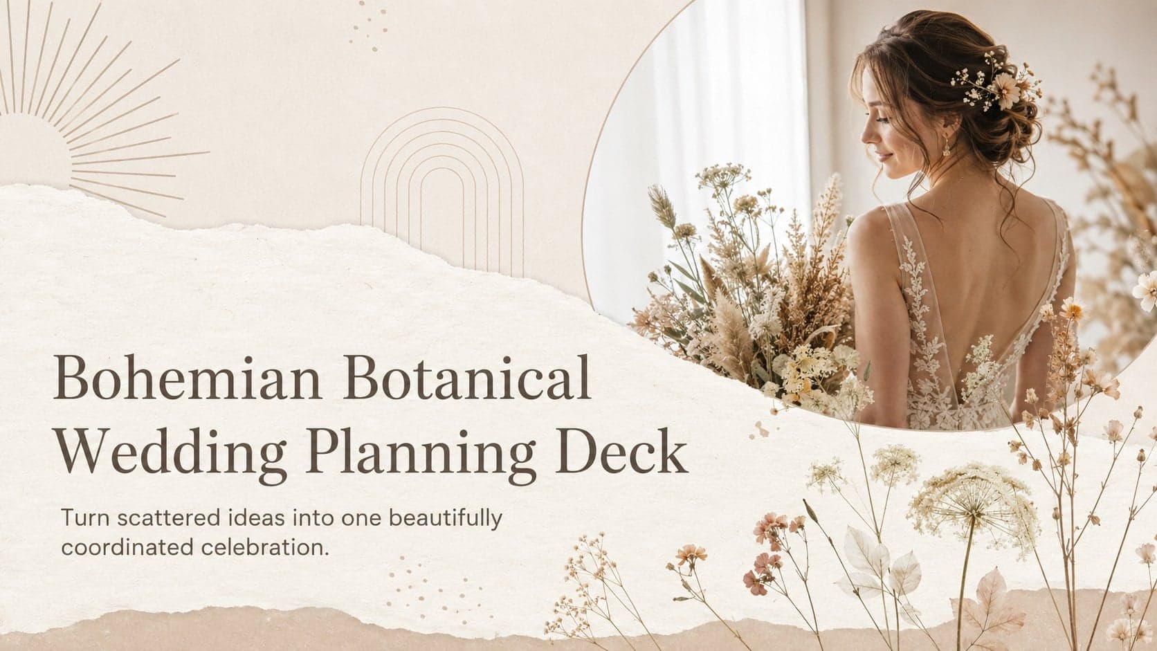 Cover for a bohemian botanical wedding planning deck with beige paper texture, brown typography, and delicate floral accents.