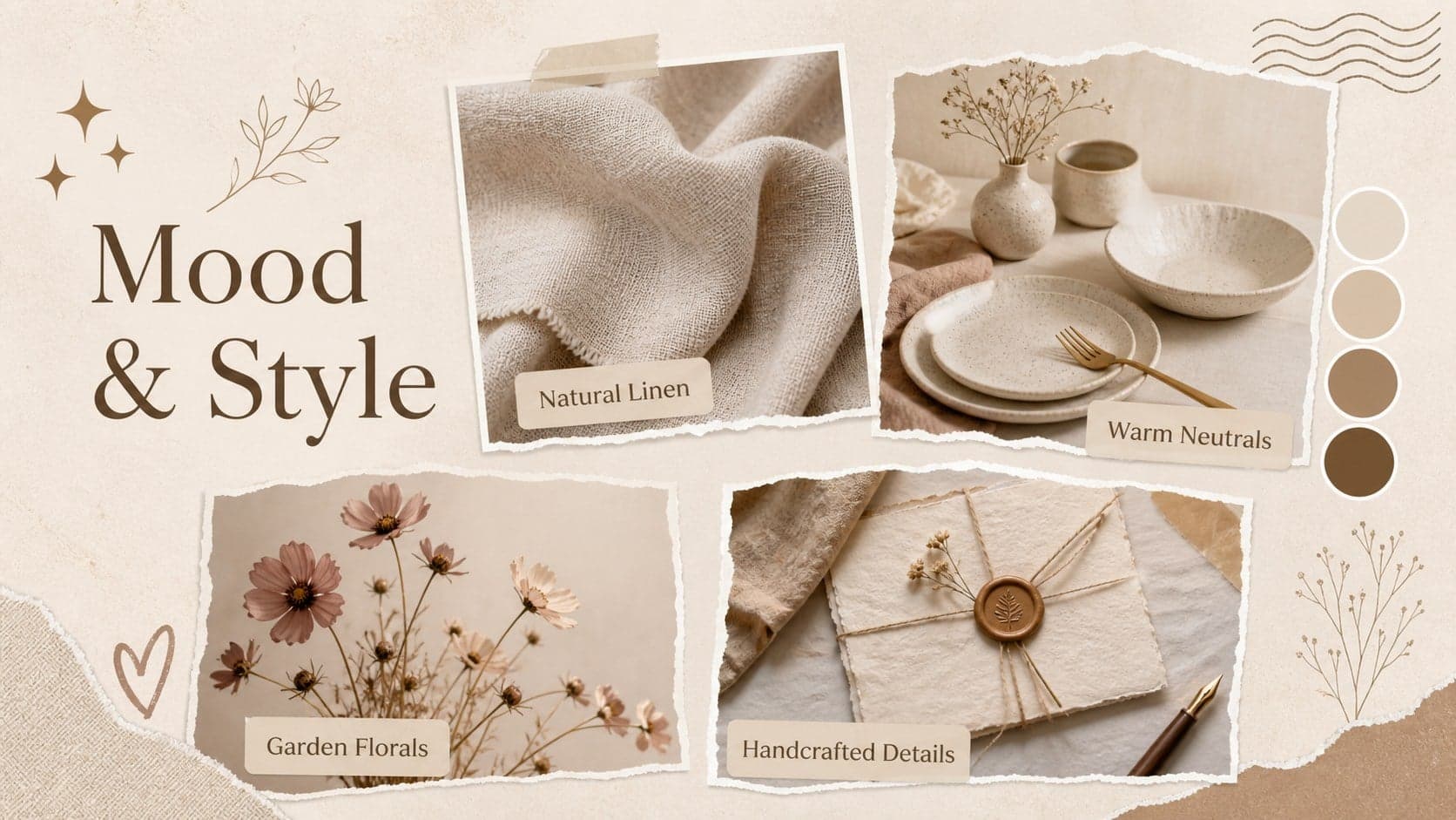 Neutral wedding mood board template featuring fabric, flowers, stationery, and an earthy color palette.