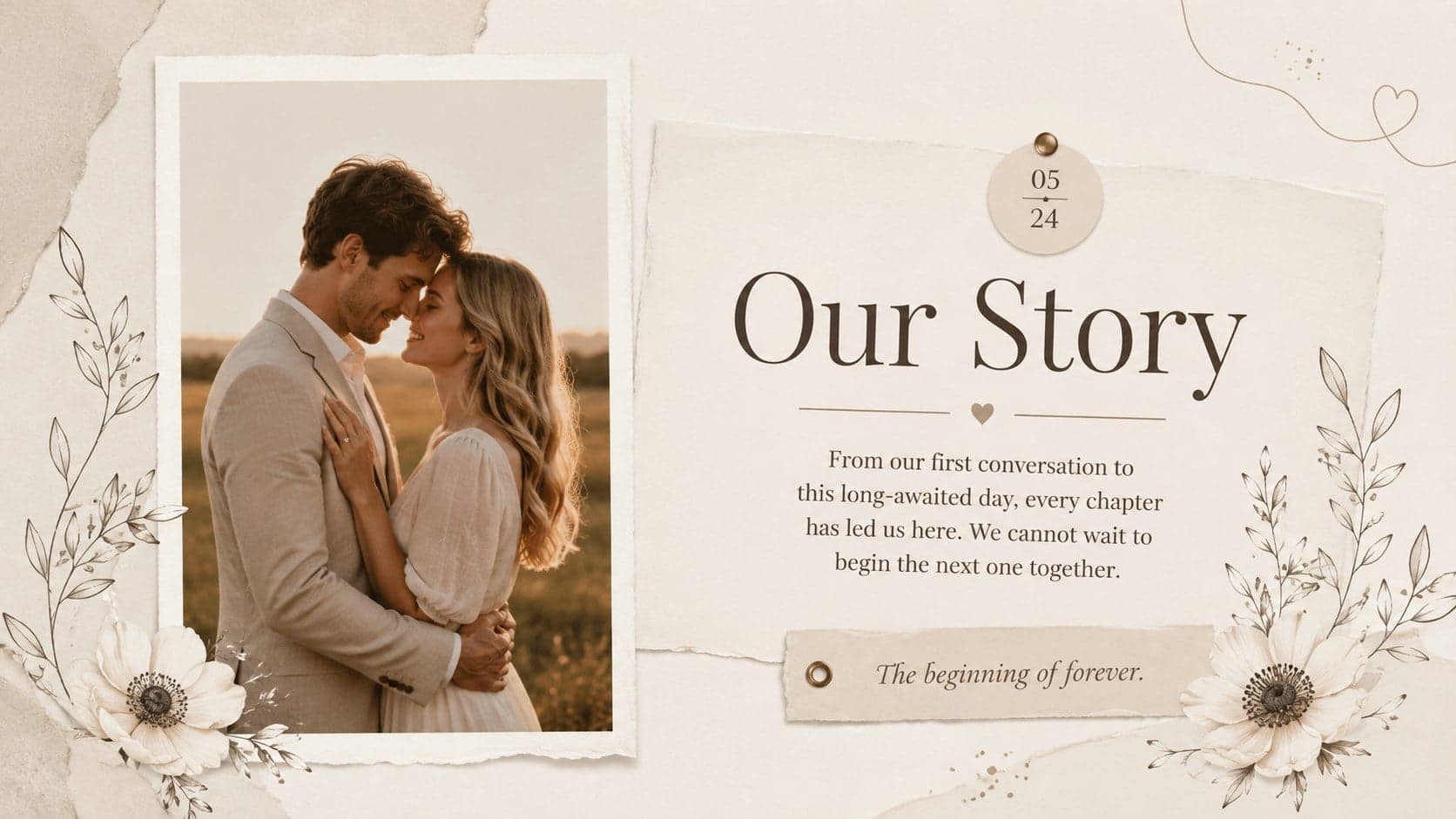 Couple story page with a wedding photograph placeholder and a short relationship narrative.