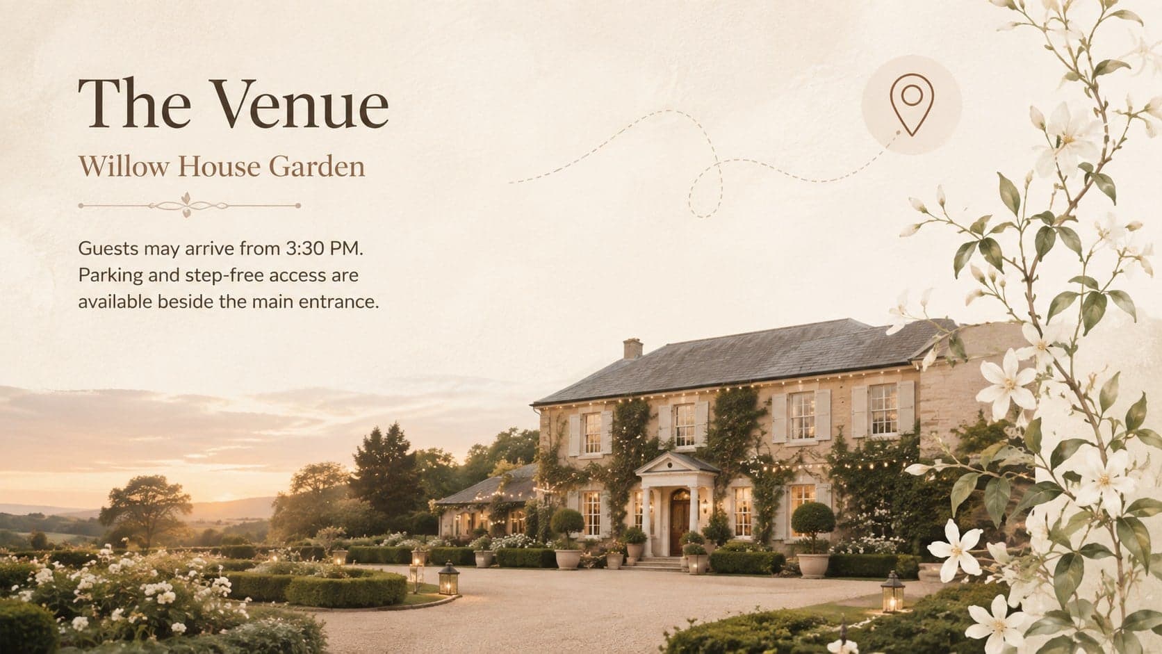 Wedding venue overview with spaces for an exterior photograph, address, arrival guidance, and accessibility details.