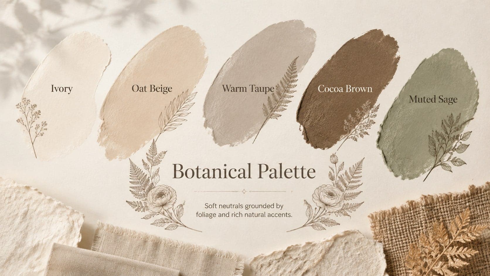 Earth tone wedding presentation slide displaying beige, taupe, cocoa, ivory, and muted green color swatches.