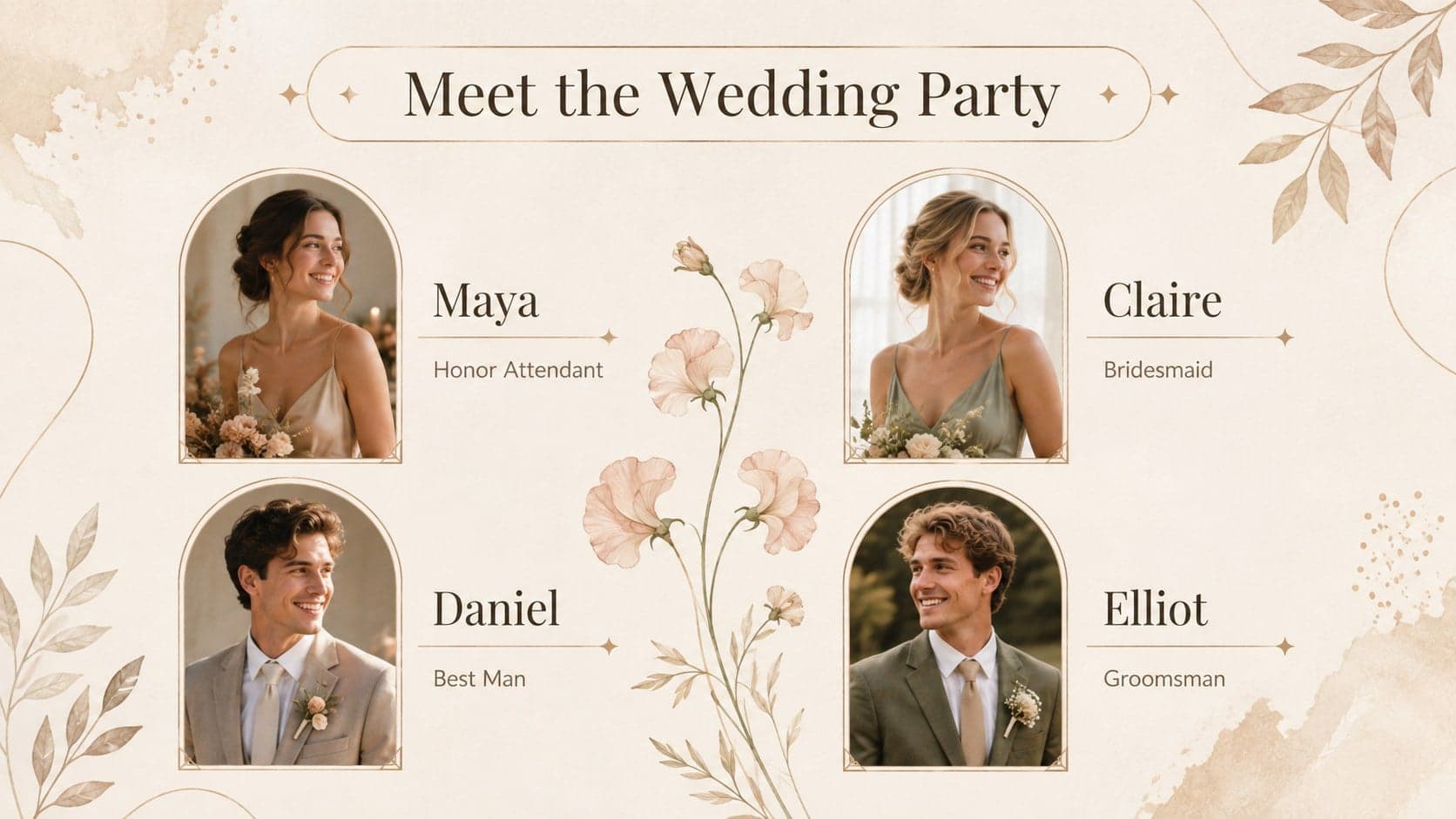 Wedding party introduction slide with four portrait placeholders and concise role labels.