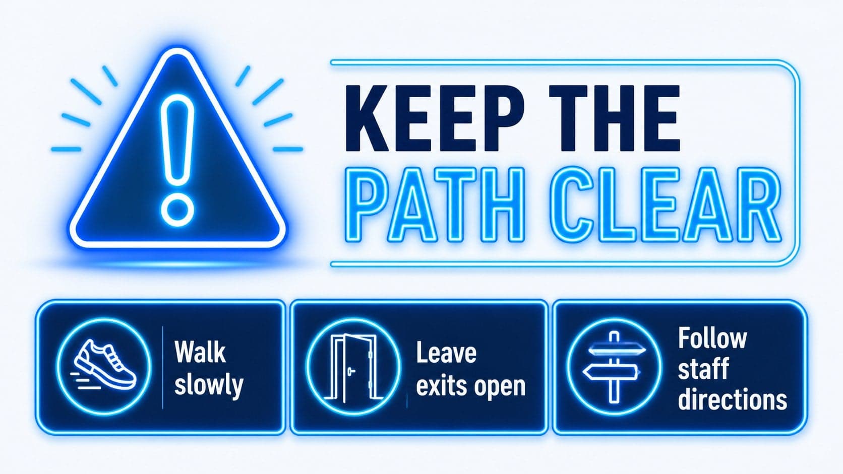Blue safety signage slide displaying a prominent caution message and three practical actions.