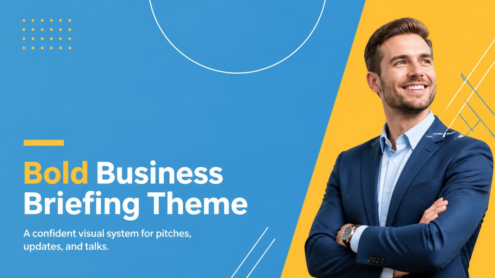 Cover of the Bold Business Briefing Theme with a strong blue-and-yellow corporate layout.