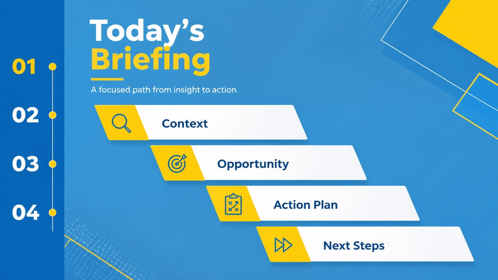 Agenda layout from a modern corporate presentation theme with four briefing sections.