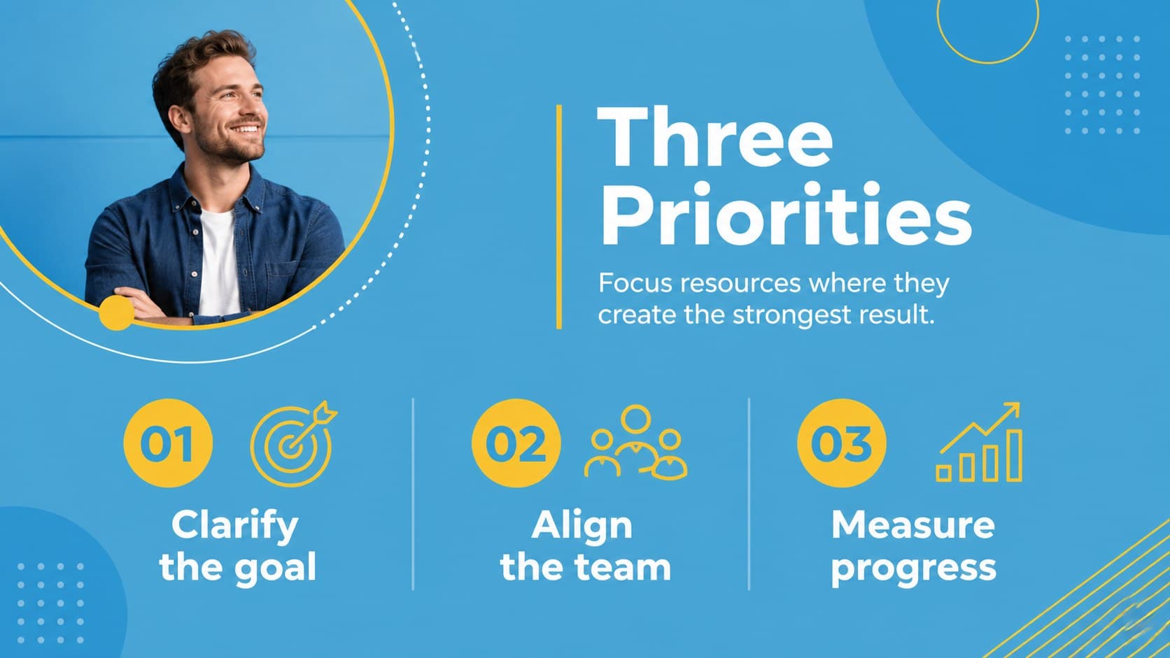 Professional team update slide displaying three priorities in an energetic corporate design.