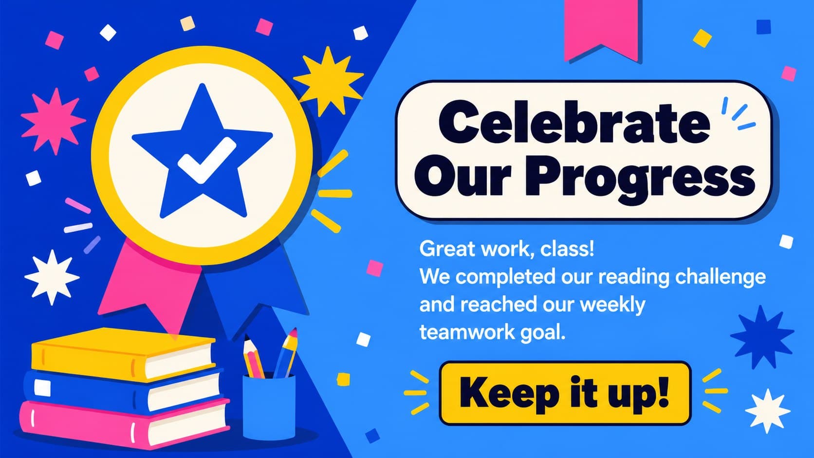 Student achievement announcement slide featuring colorful stars and a blue geometric recognition layout.