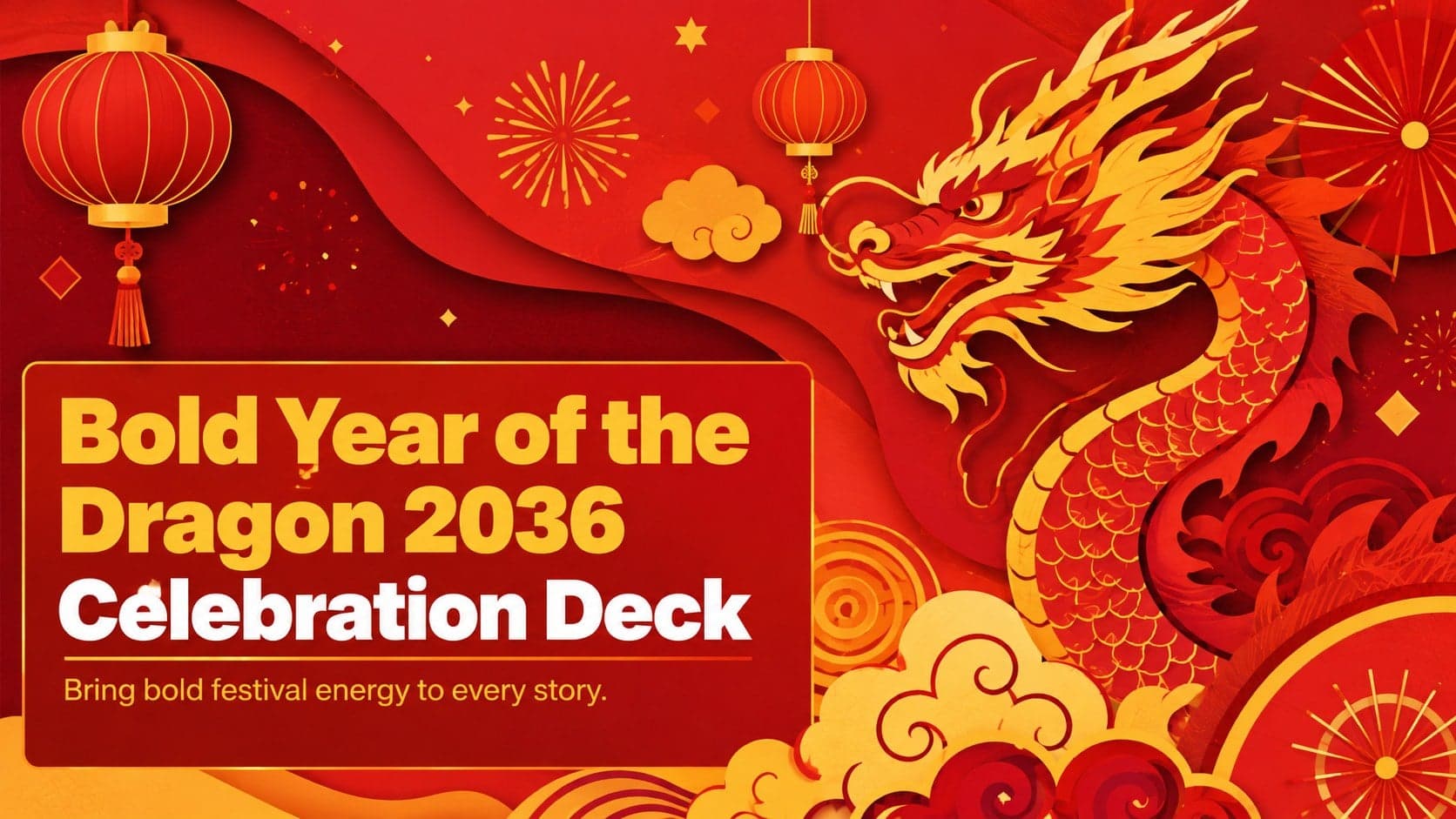 Cover of the Year of the Dragon 2036 celebration deck with bold red and golden-yellow festival illustrations.