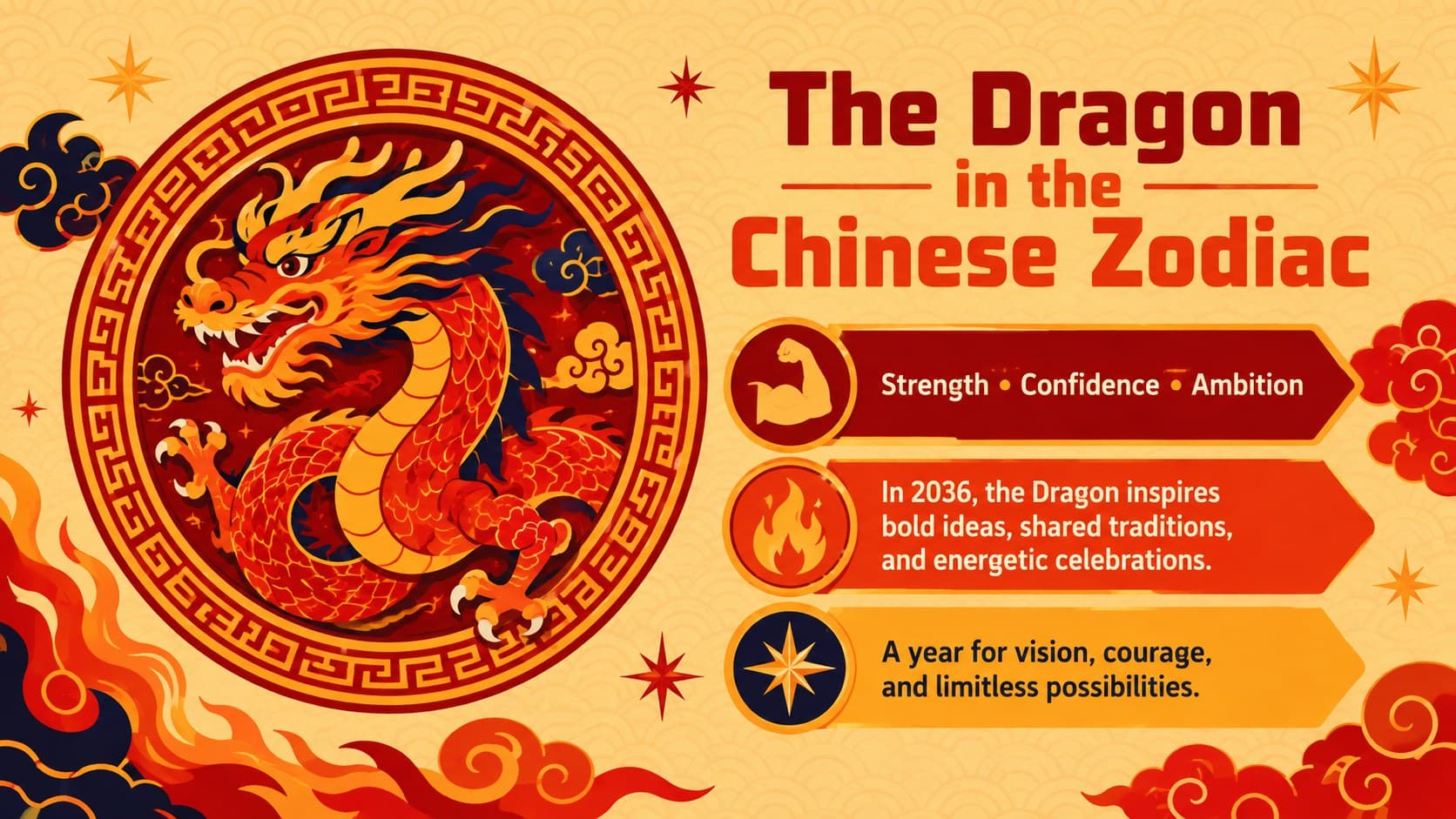 Illustrated Chinese zodiac classroom presentation slide explaining the symbolism of the Dragon in 2036.