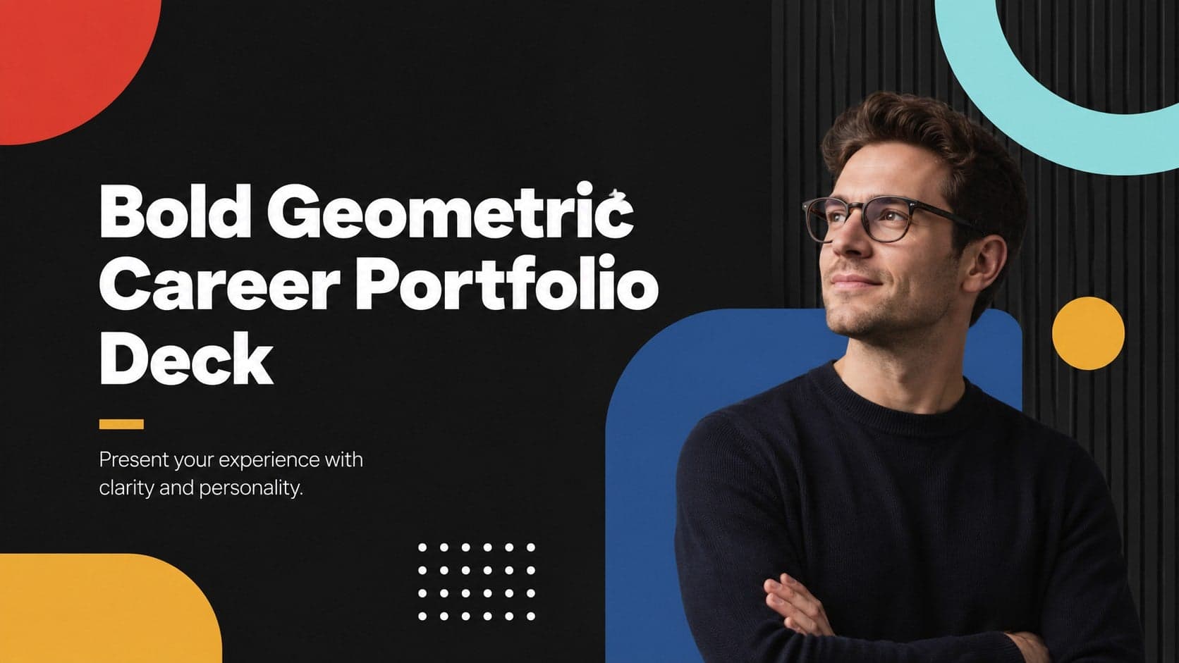 Cover of a bold geometric career portfolio deck with red, blue, yellow, and black accents.