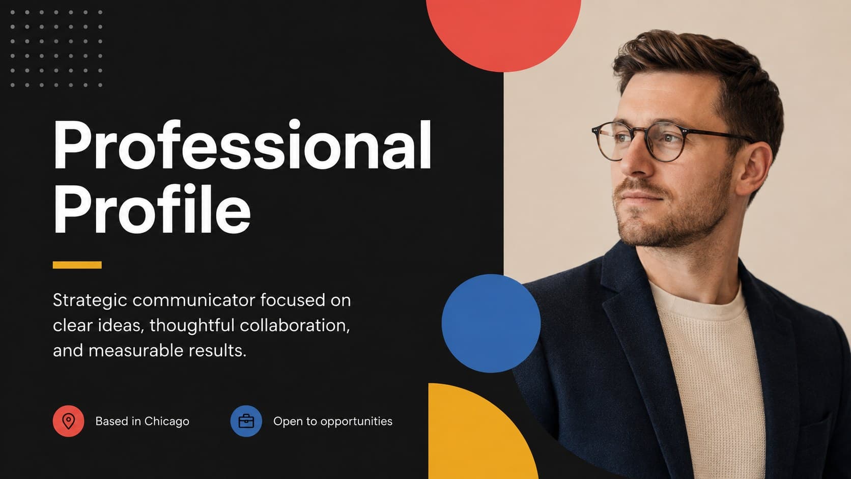 Professional profile slide from a geometric resume presentation template with a portrait and concise biography.