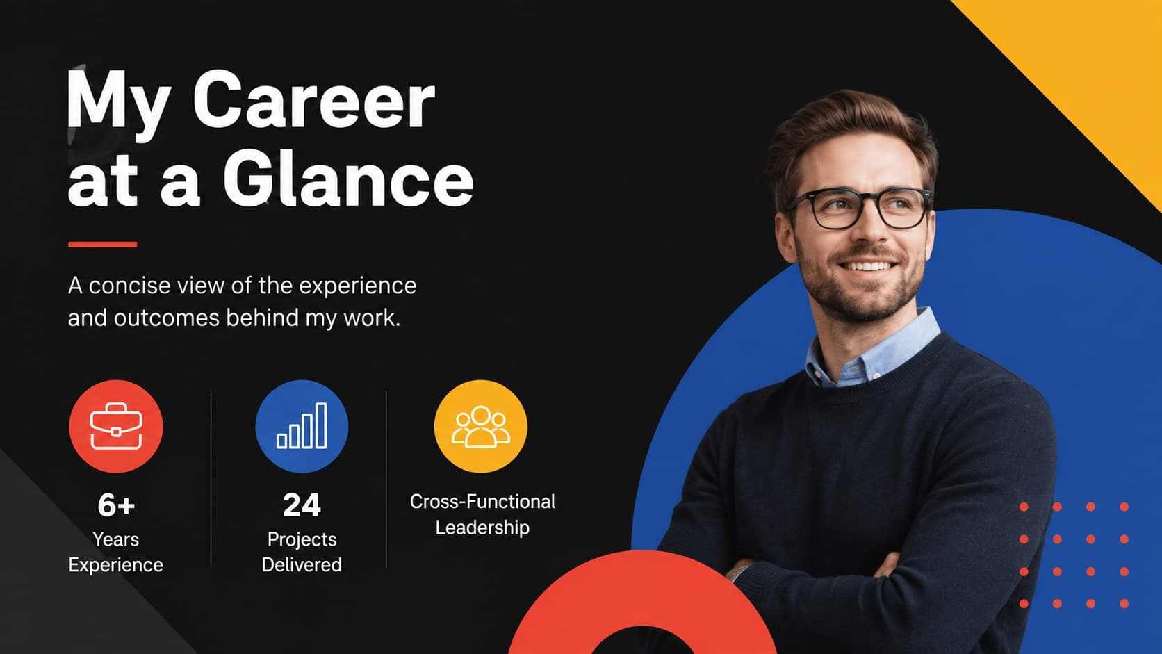 Career portfolio overview slide outlining experience, strengths, and professional direction.
