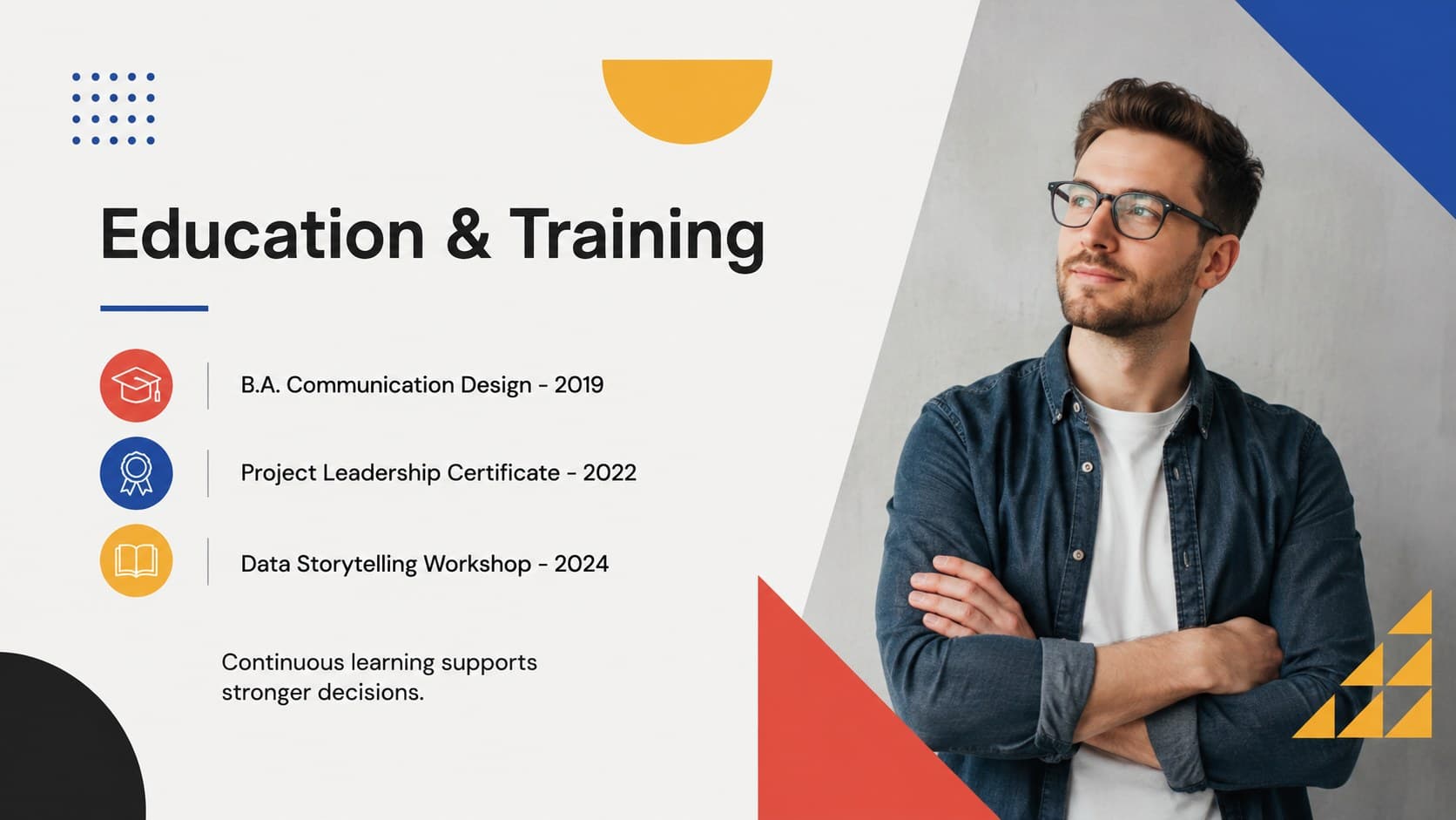Education and training layout in a colorful geometric career portfolio deck.