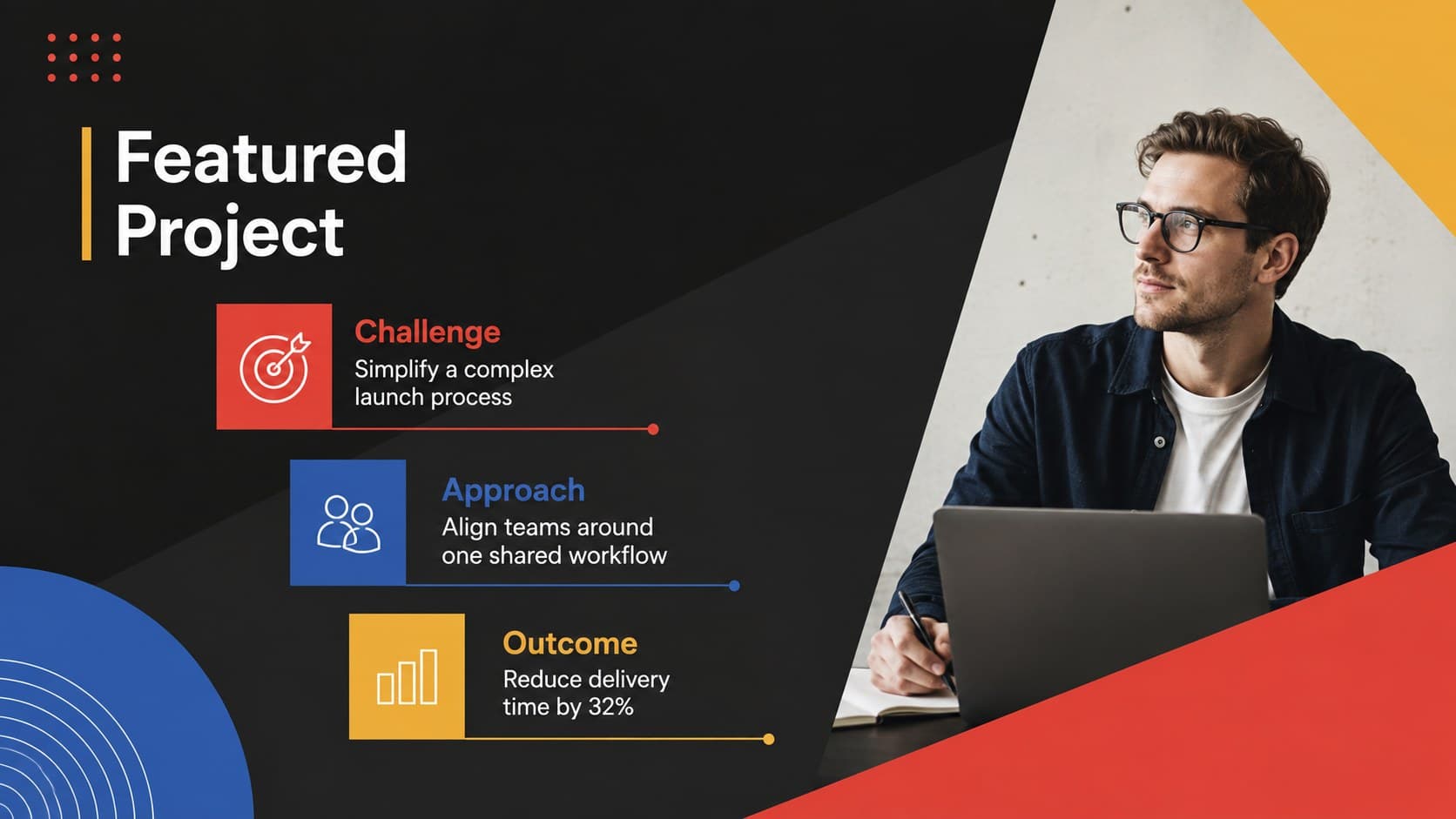 Job interview portfolio slide presenting a featured project challenge, approach, and outcome.