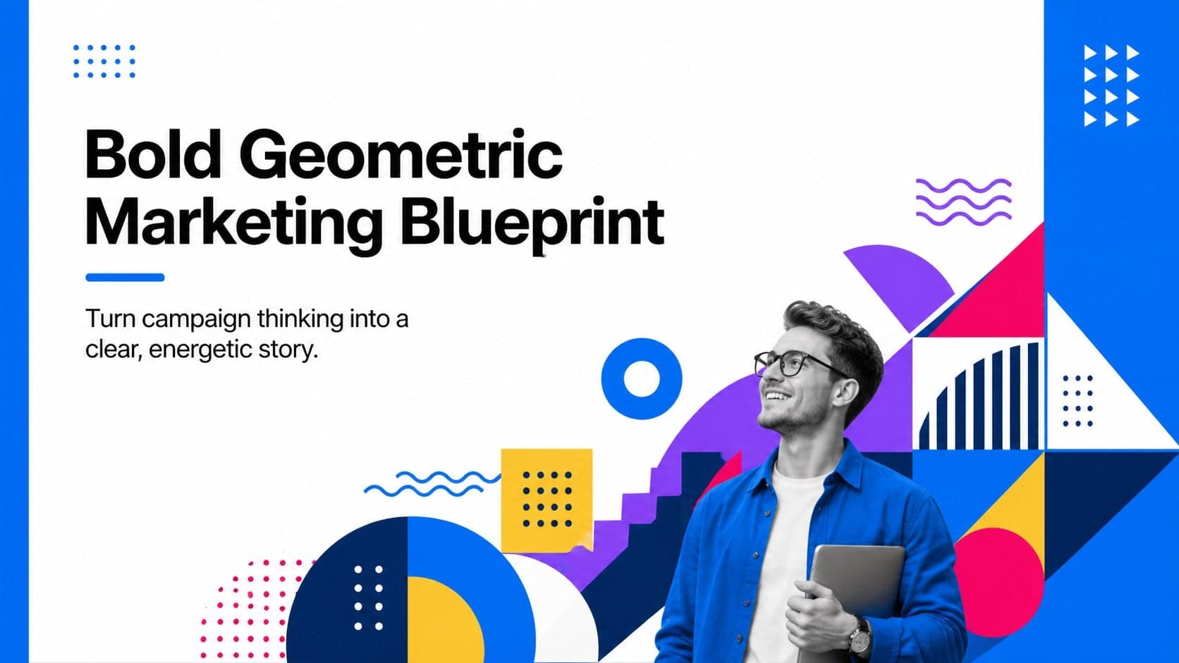 Cover of the Bold Geometric Marketing Blueprint with vivid blue-and-white Memphis-style campaign graphics.
