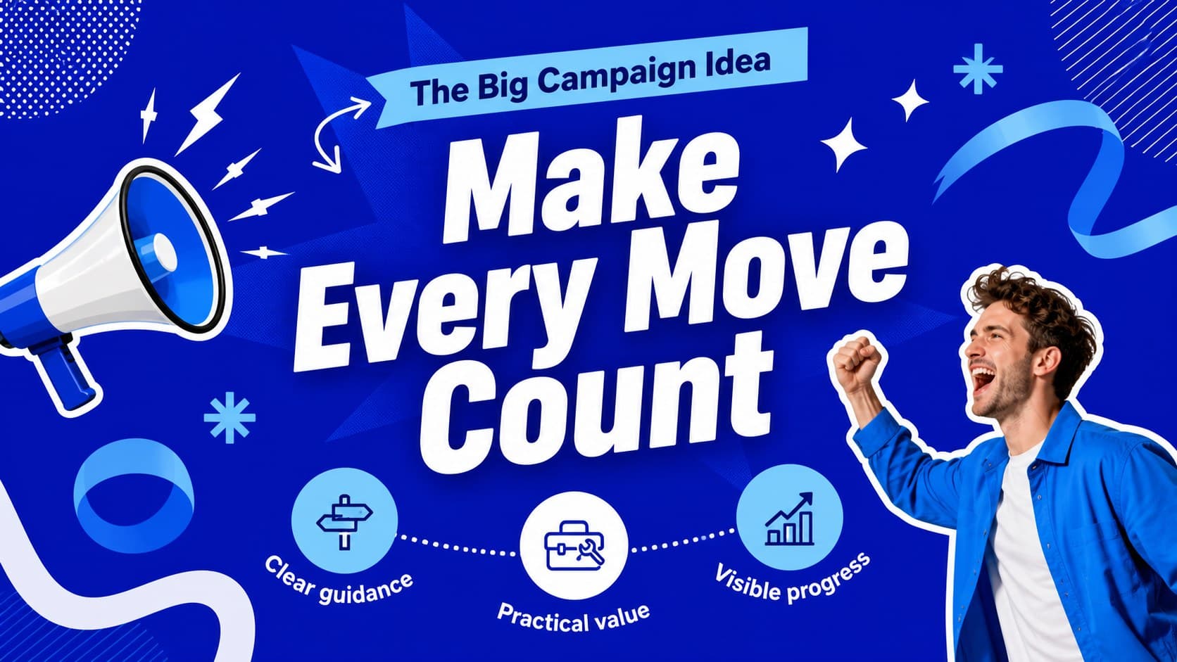 Creative campaign concept slide with a key message and supporting proof points in a Memphis presentation style.
