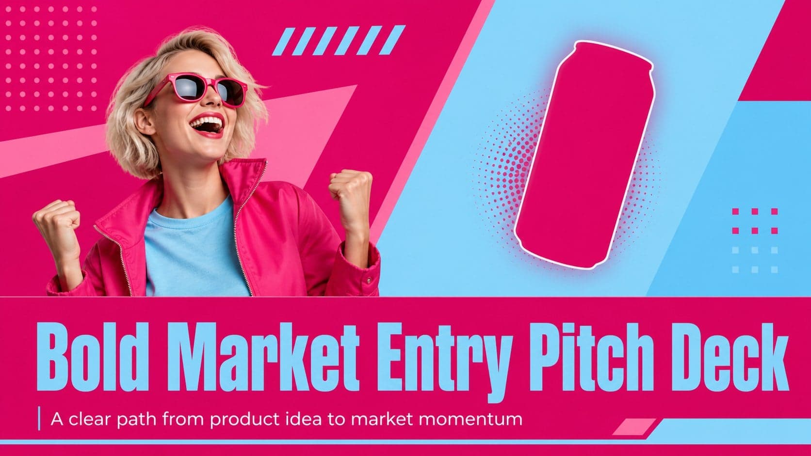 Cover slide for a bold market entry pitch deck showing a vivid product launch headline in pink and blue.