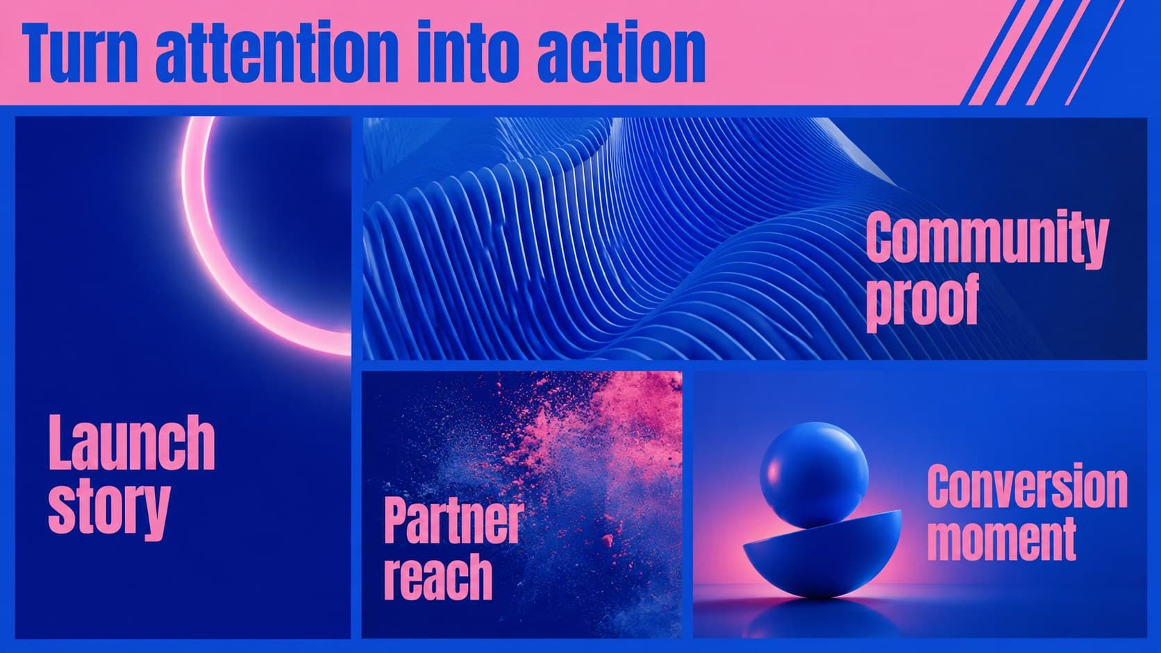 Launch campaign slide presenting creative channels and promotional actions in a colorful proposal deck.