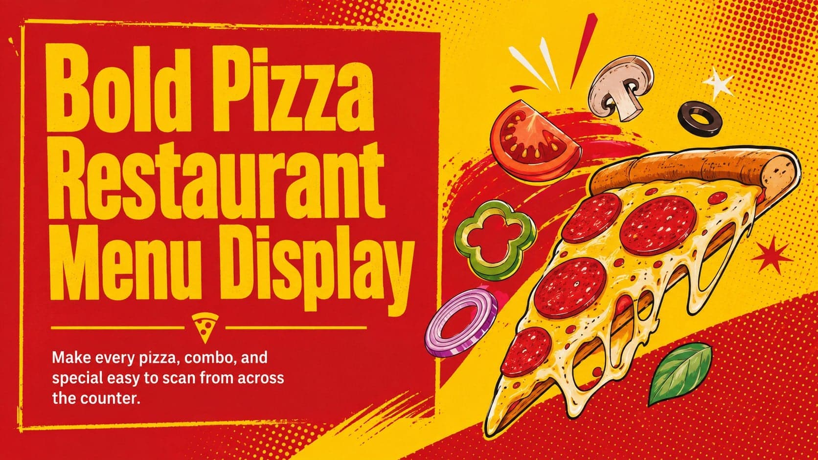 Cover for a bold pizza restaurant menu display with red and yellow pop-art food graphics.