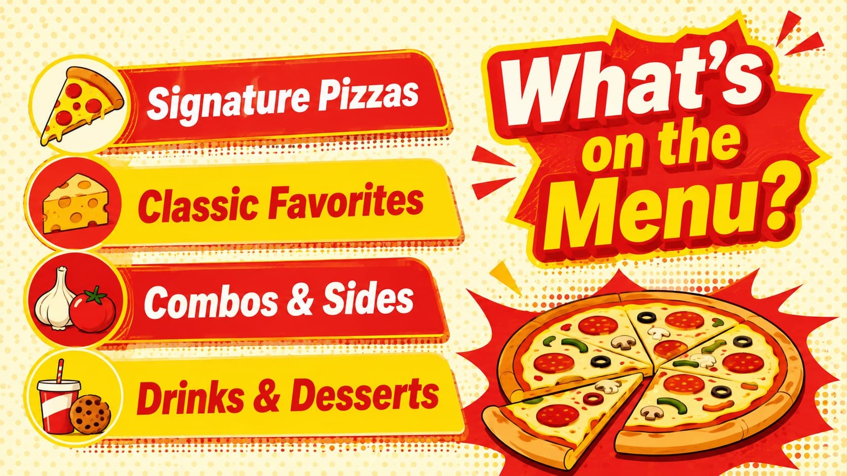 Pizza menu overview slide organizing pies, combos, sides, and drinks for restaurant signage.