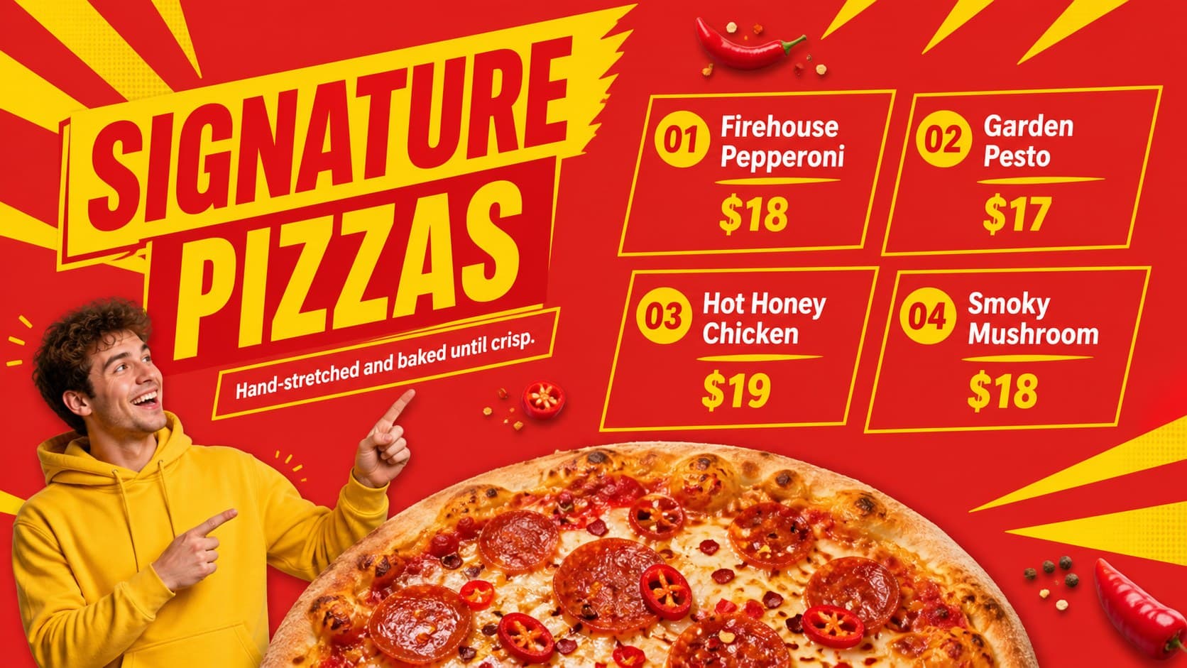 Signature pizza price list featuring four specialty pies in a red and yellow restaurant menu theme.