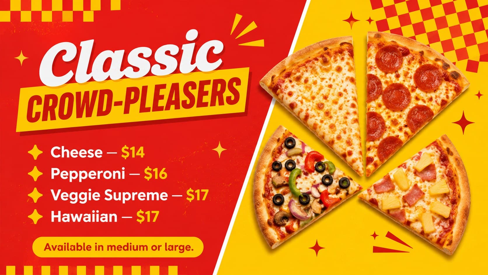 Classic pizza selection slide with cheese, pepperoni, veggie, and Hawaiian menu prices.