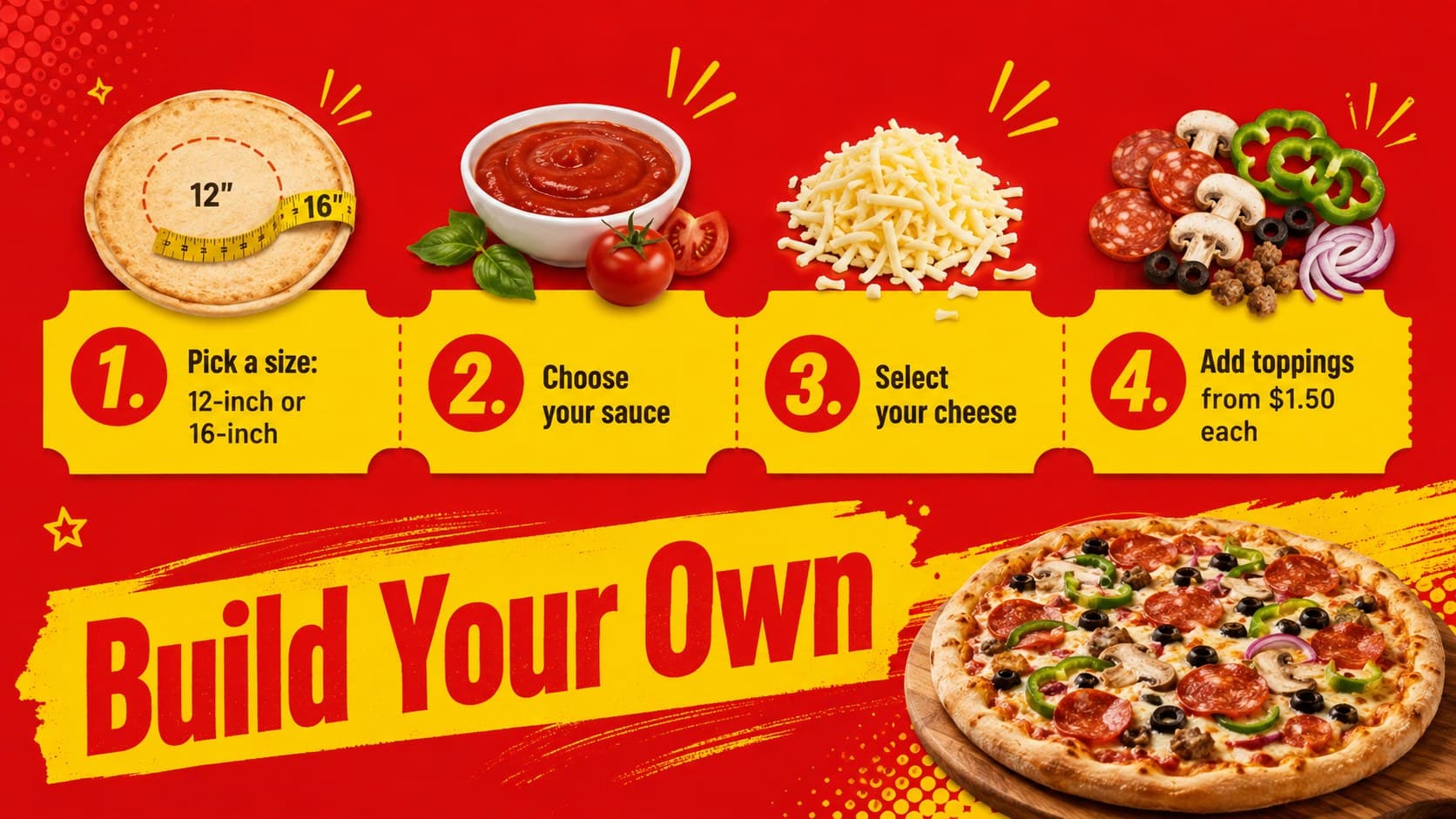 Build-your-own pizza menu slide showing size, sauce, cheese, and topping choices.