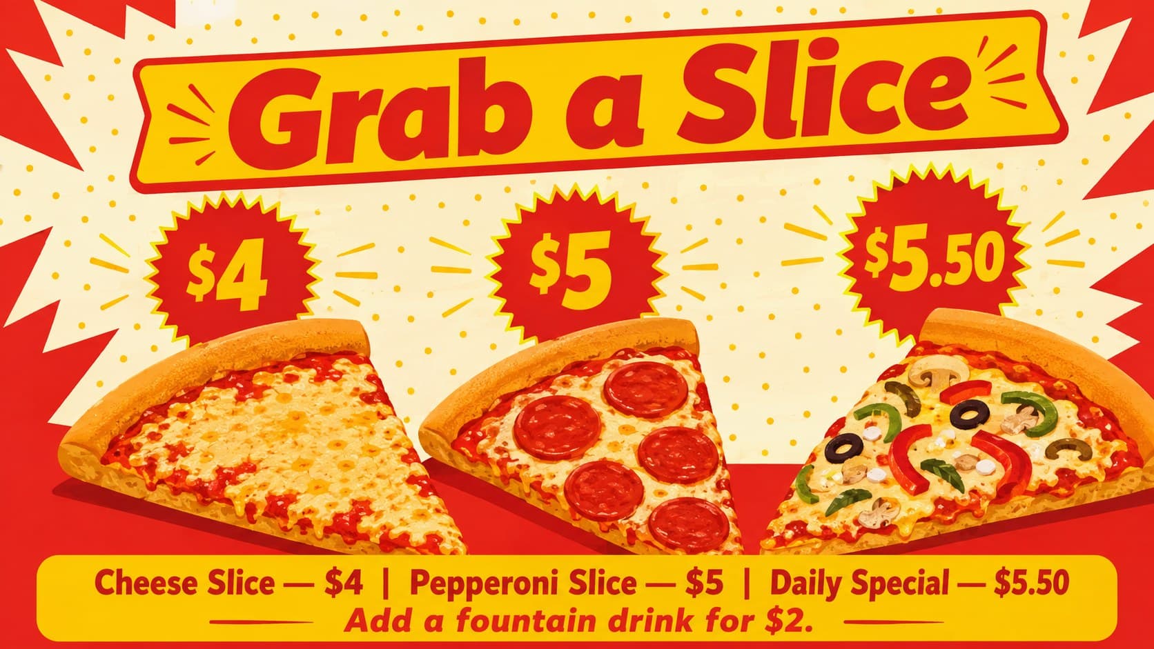 Pizza by the slice menu board with individual slice options and a lunch pairing.