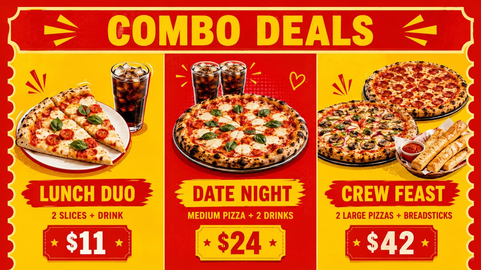 Pizza combo promotion presentation slide advertising lunch, date-night, and group meal deals.