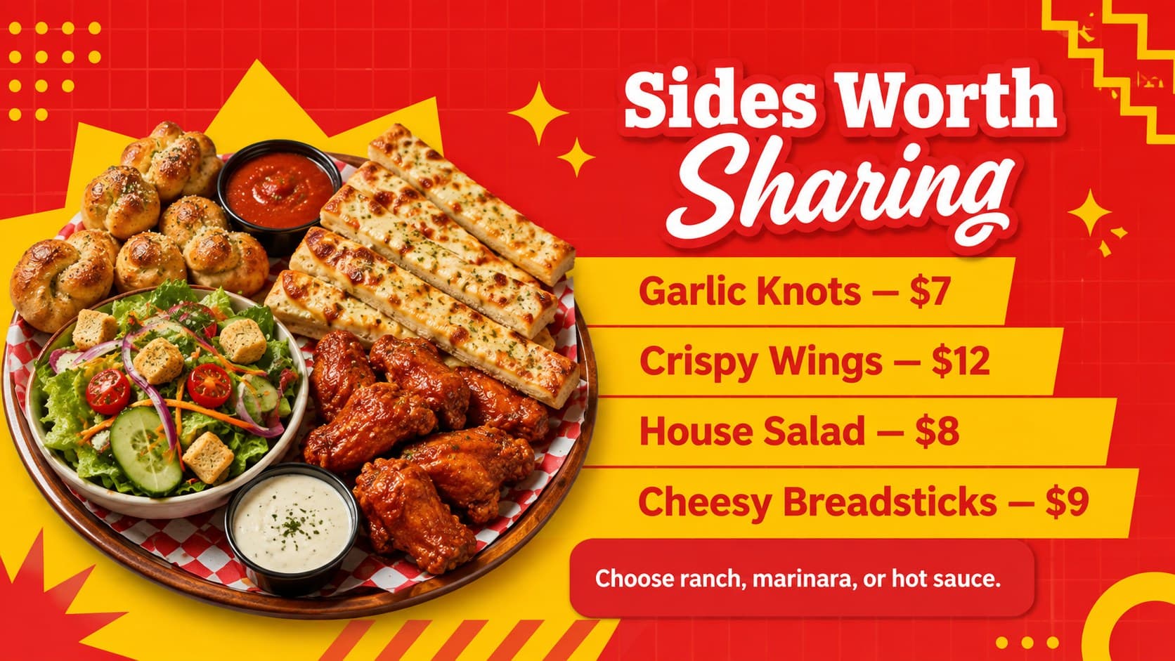 Restaurant sides menu slide listing breadsticks, wings, salad, and garlic knots.