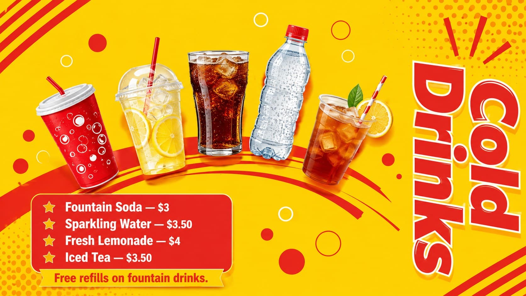 Drinks menu display with fountain soda, sparkling water, lemonade, and iced tea prices.