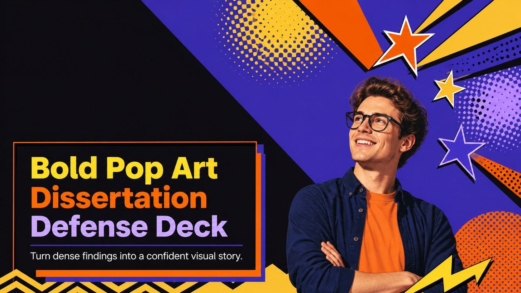 Cover of a bold pop art dissertation defense deck with vivid geometric shapes and high-contrast academic typography.