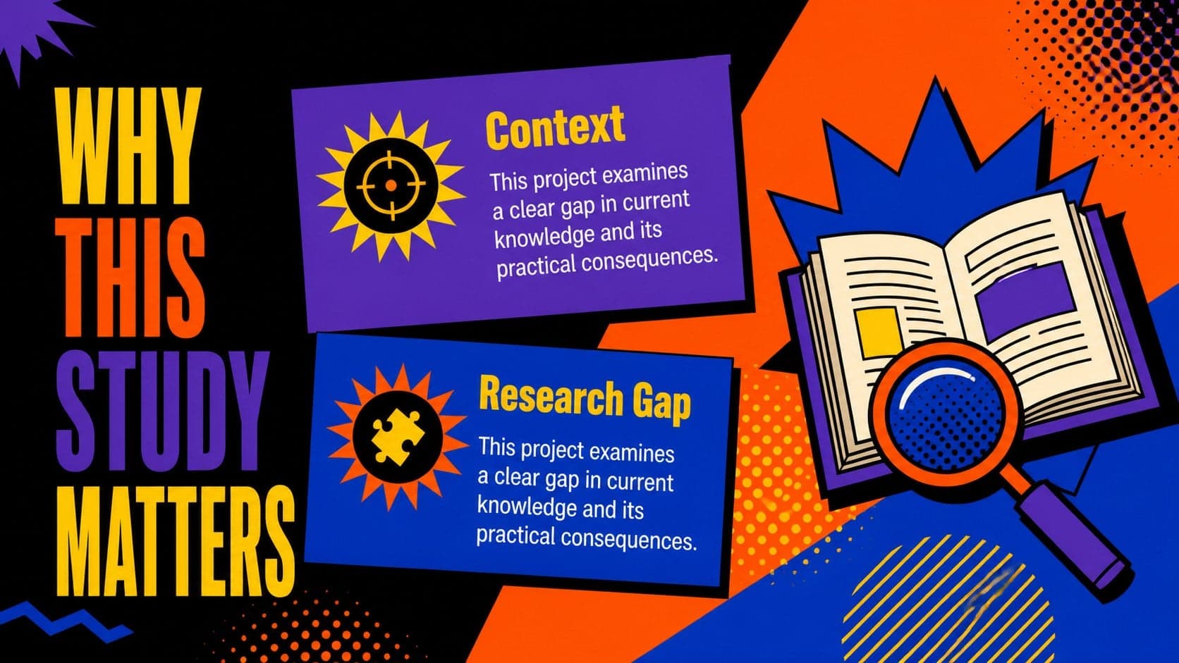 Pop art dissertation slide presenting the study background with a structured text and image layout.