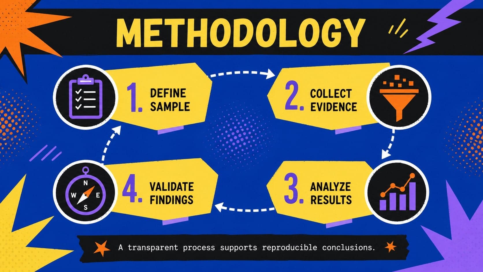Vibrant dissertation methodology slide showing a four-stage academic research process.