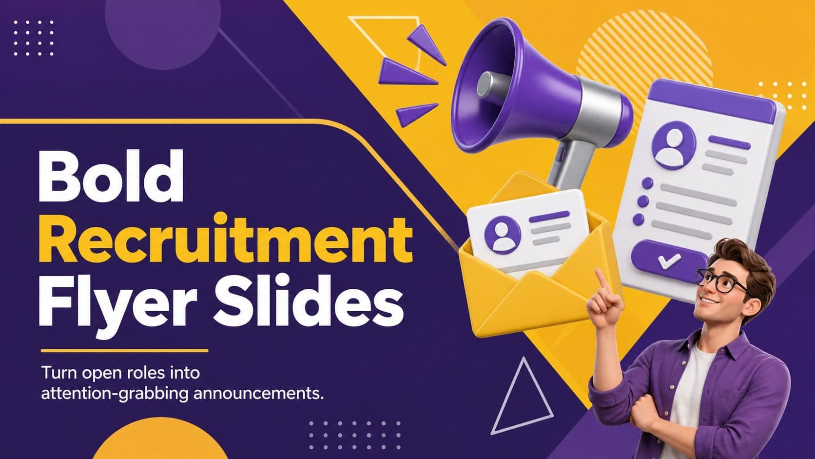Cover for Bold Recruitment Flyer Slides with vivid purple and yellow 3D hiring graphics.