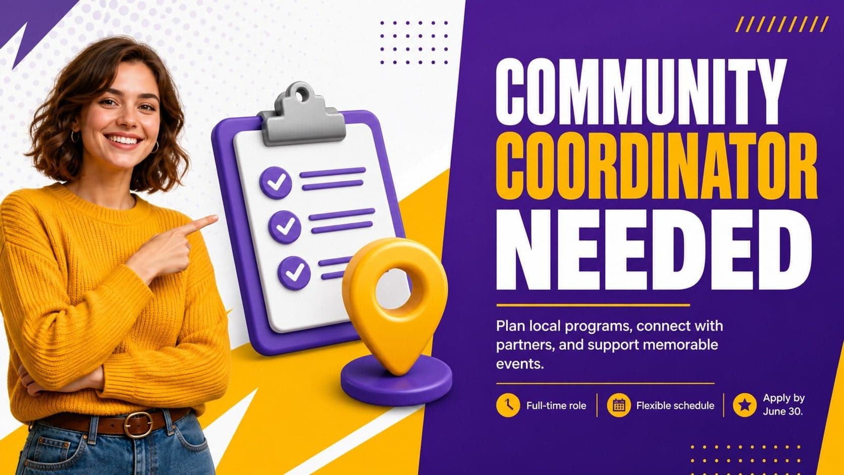 Purple and yellow job vacancy slide presenting an open community coordinator role.