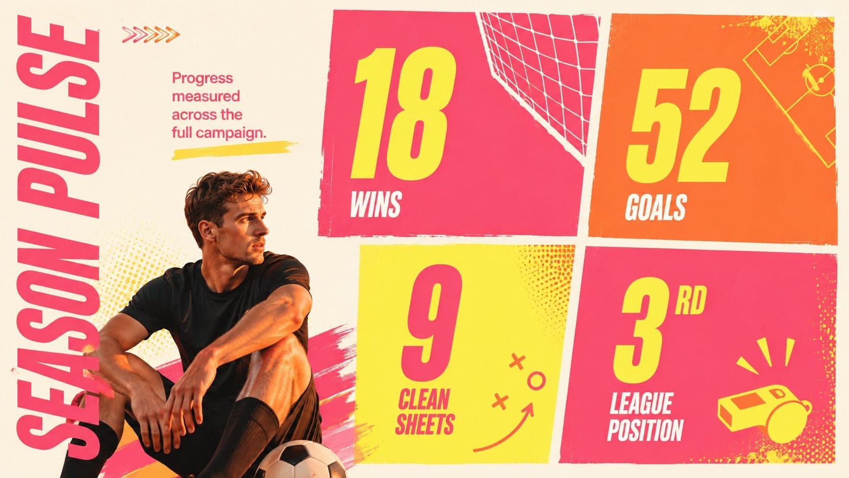 Soccer season highlights slide showing wins, goals, clean sheets, and league position.