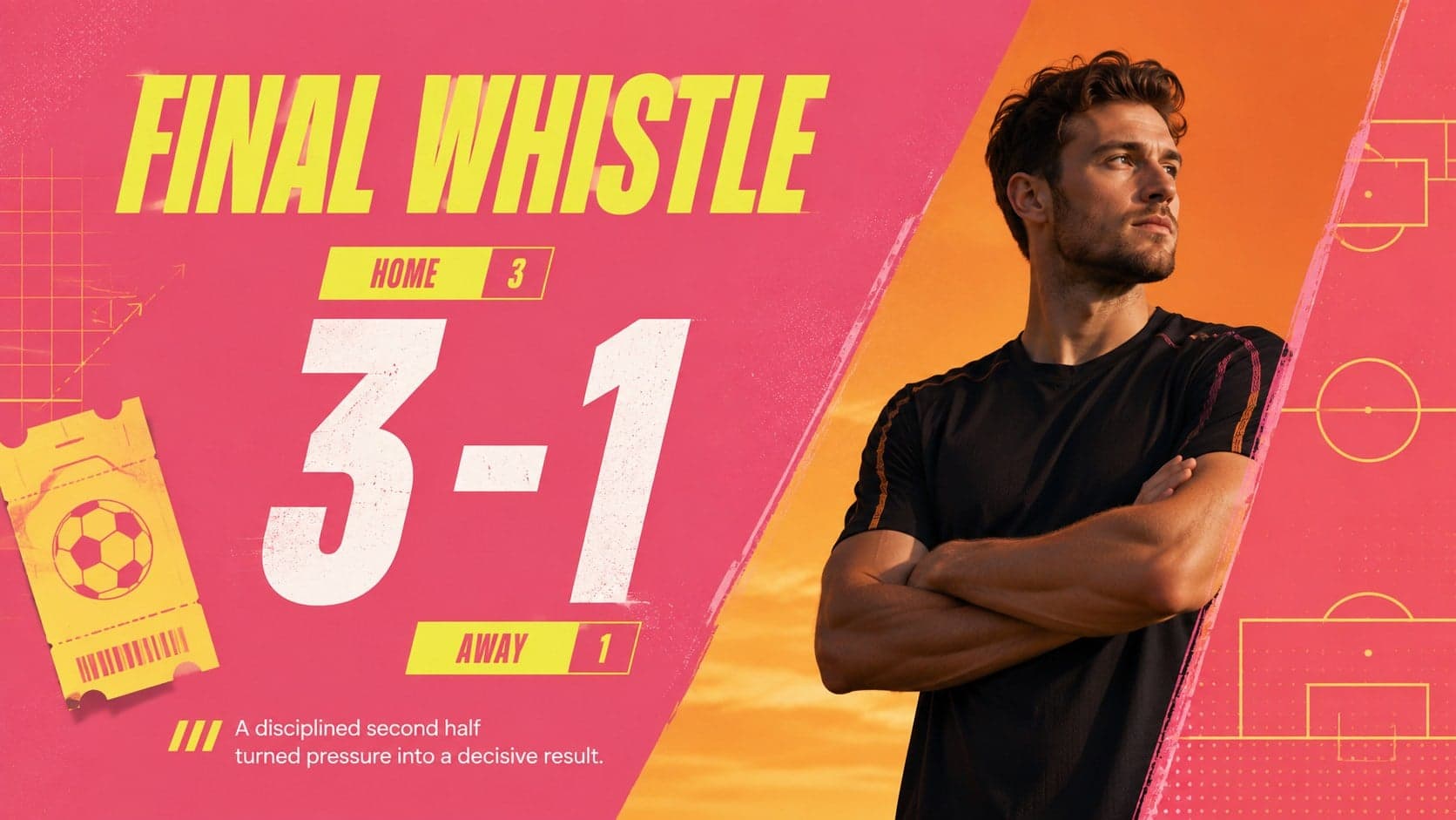 Editable soccer match recap deck slide featuring a bold final score and match summary.