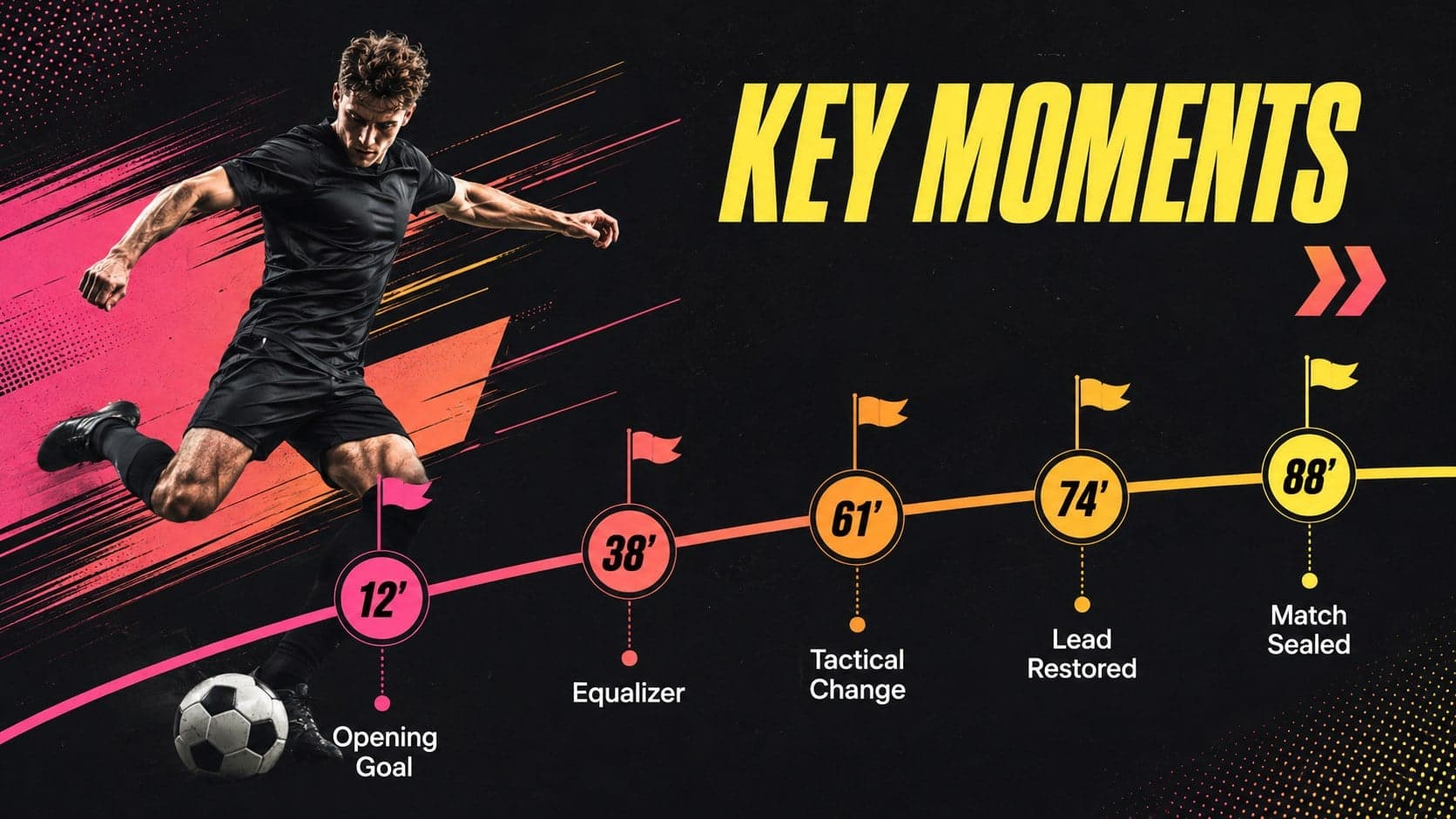 Post match analysis presentation timeline highlighting goals, substitutions, and turning points.