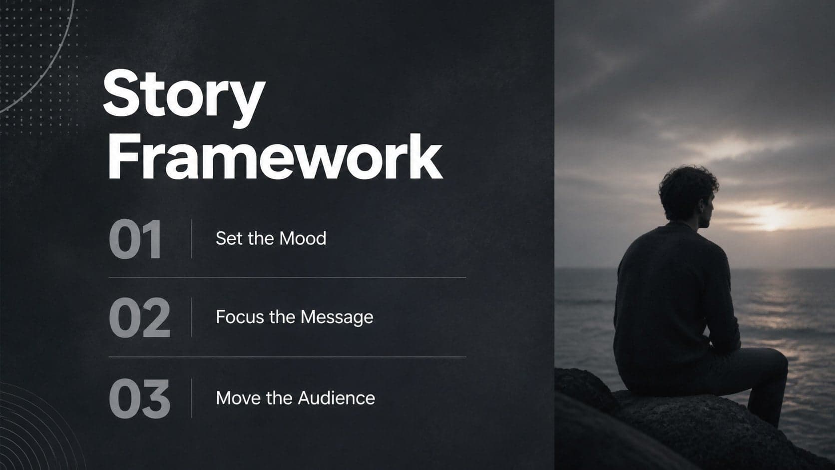 Visual storytelling agenda slide with three concise sections, bold type, and monochrome editorial photography.