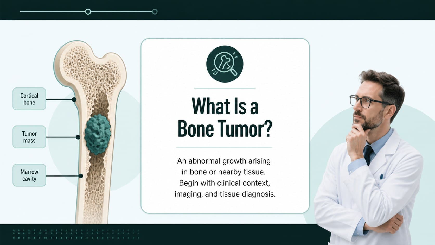 Medical teaching slide defining bone tumors with concise text blocks and a blue-green diagnostic illustration.