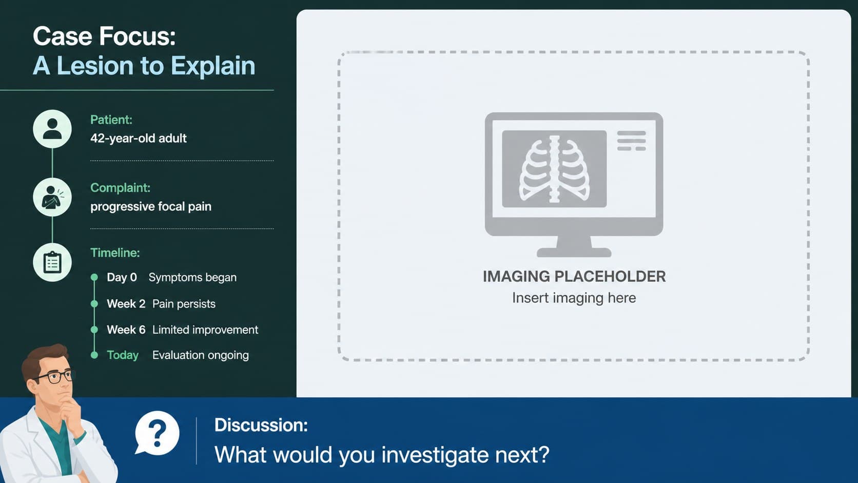 Clinical case conference slide showing a patient vignette, imaging placeholder, and guided discussion questions.