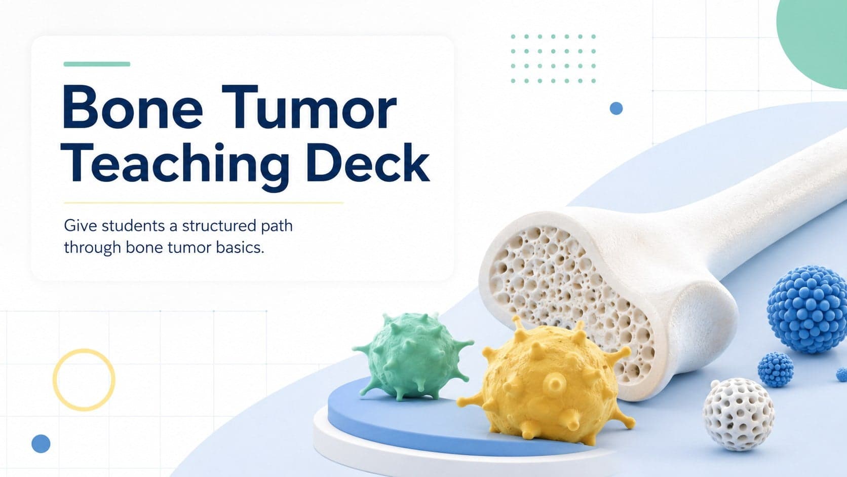 Cover of the Bone Tumor Teaching Deck with colorful 3D skeletal forms and a clean medical education layout.