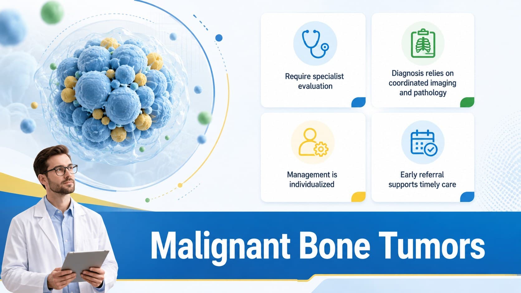 Orthopedic oncology classroom slide introducing malignant bone tumors with structured educational notes.