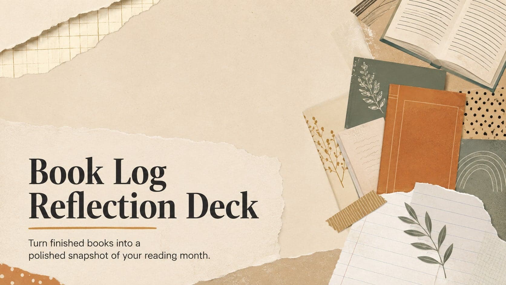 Beige collage cover for a Book Log Reflection Deck with layered paper, books, and reading notes.