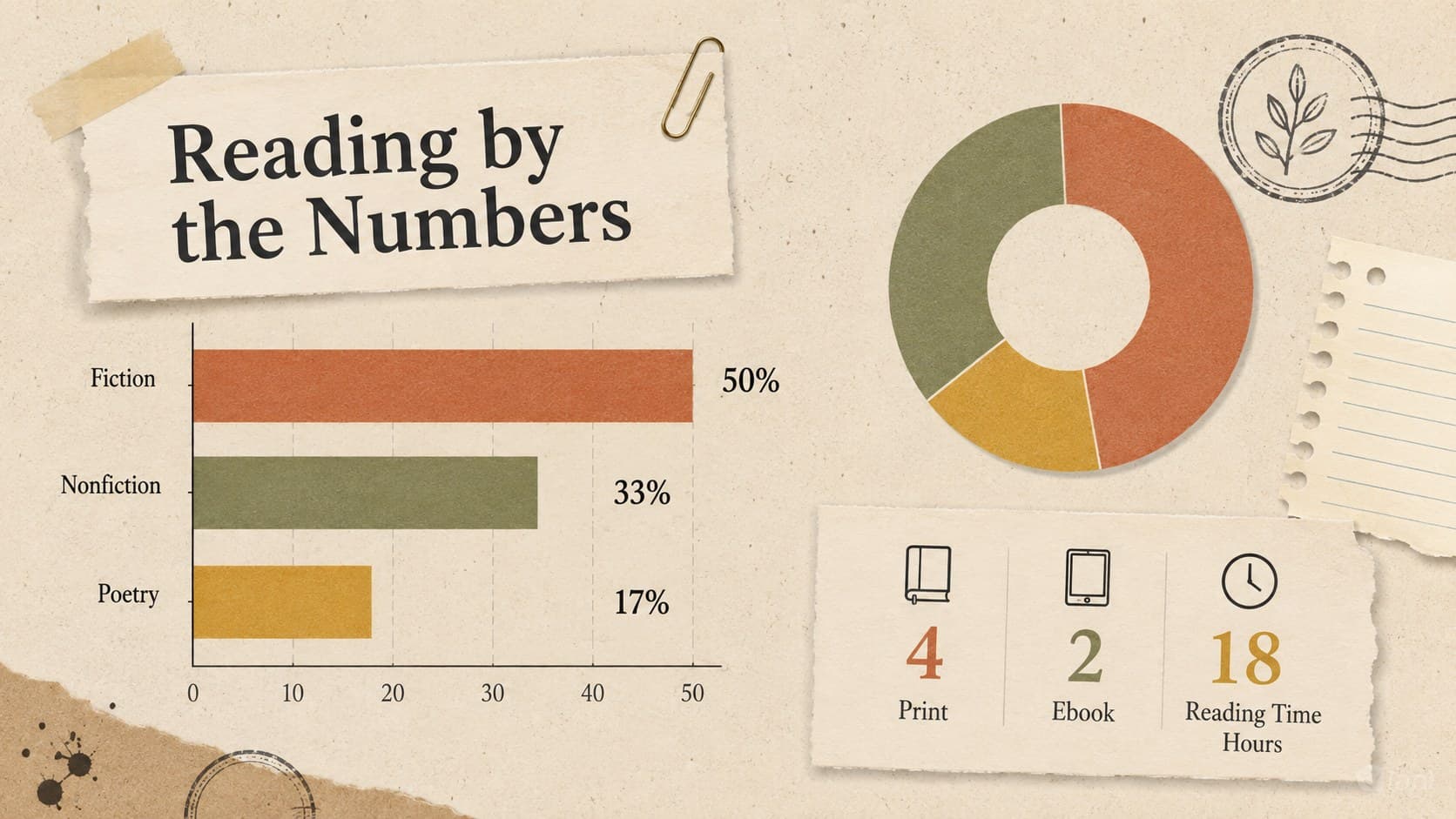 Beige scrapbook reading statistics slide with genre, format, and reading-time charts.